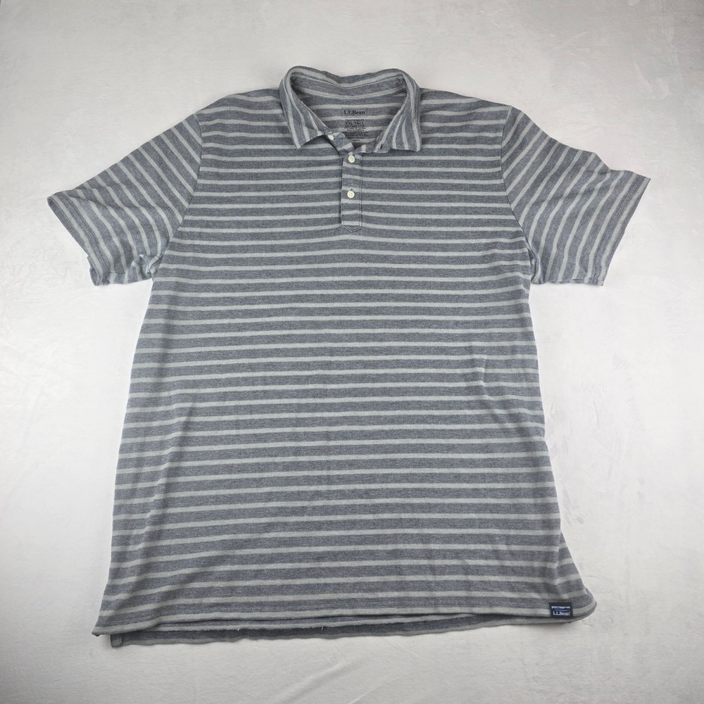 LLBean Mens XXL Tall Traditional Fit‎ Striped Short Sleeve Polo Shirt Gray White